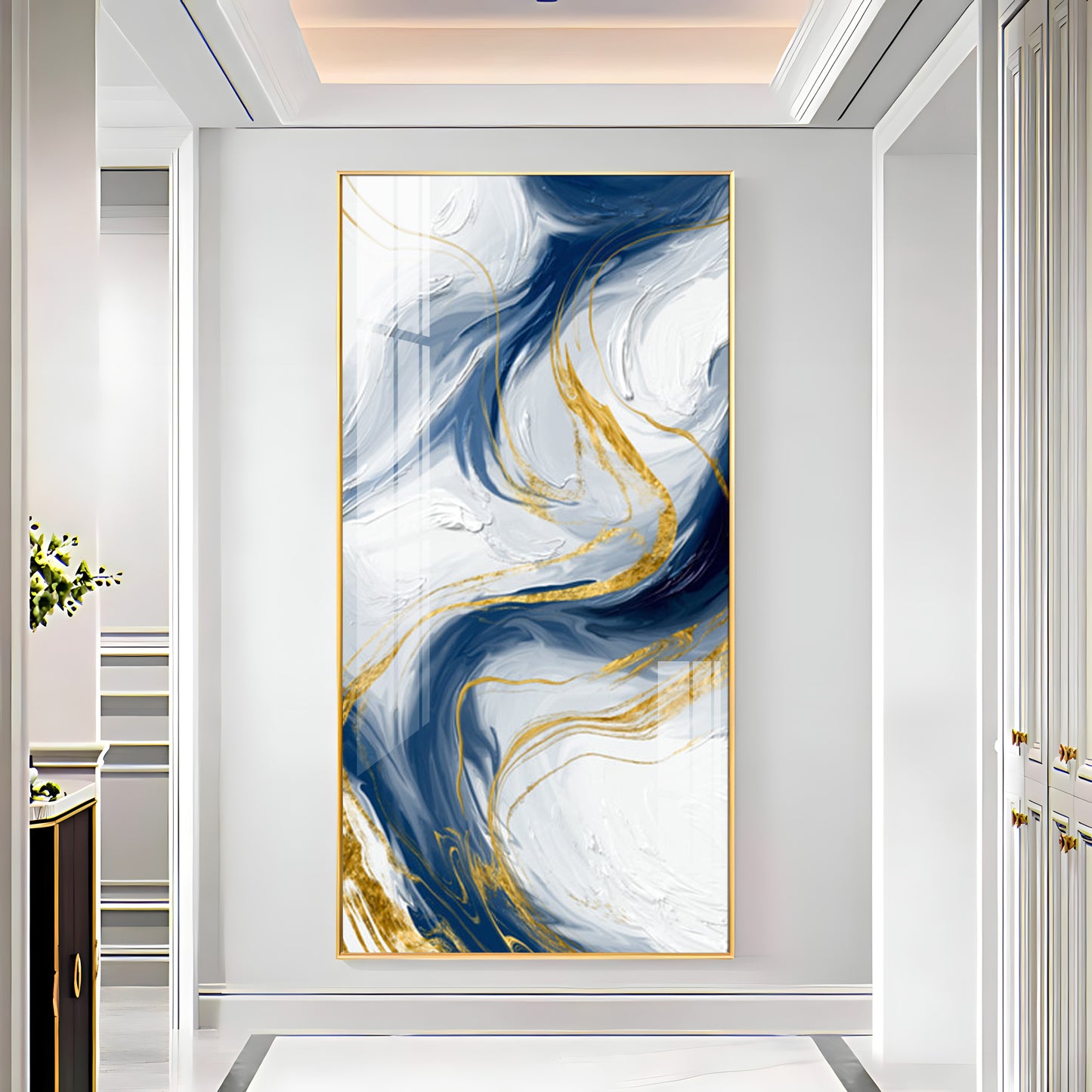 Abstract Blue Gold waves Premium Acrylic Vertical Wall Art