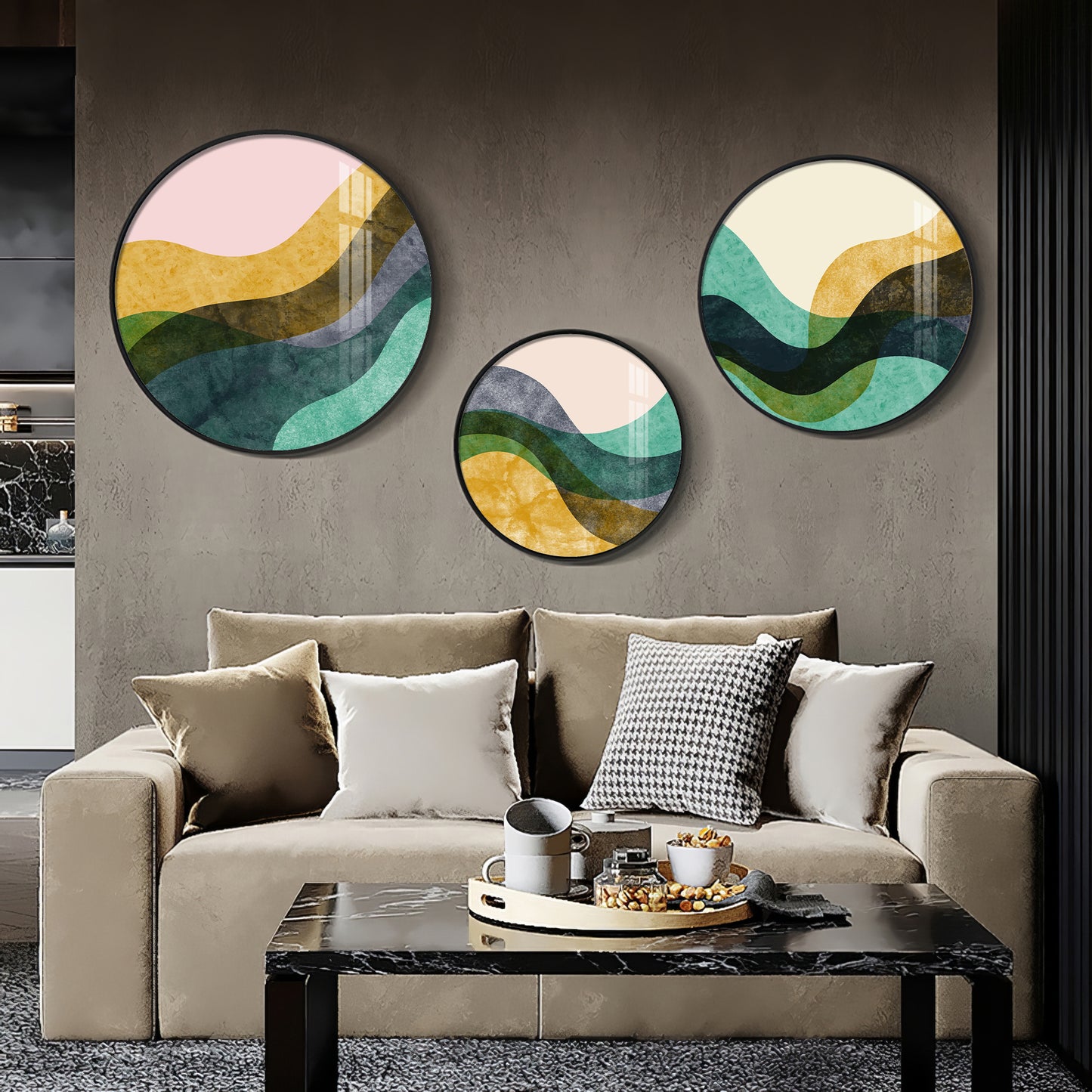 Wave Abstract Premium Acrylic Round Wall Art (Set of 3)