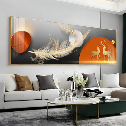 Golden Deers With Feathers Premium Acrylic Horizontal Wall Art