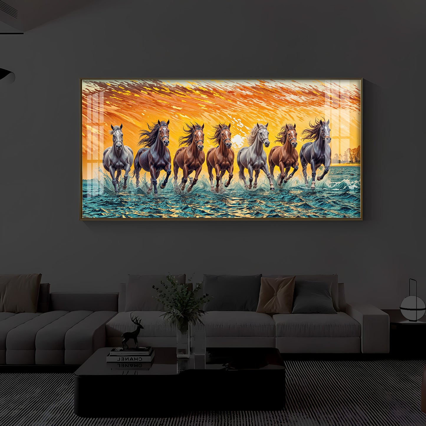 Seven Running Horses Modern Luxury Backlight Horizontal Wall Art