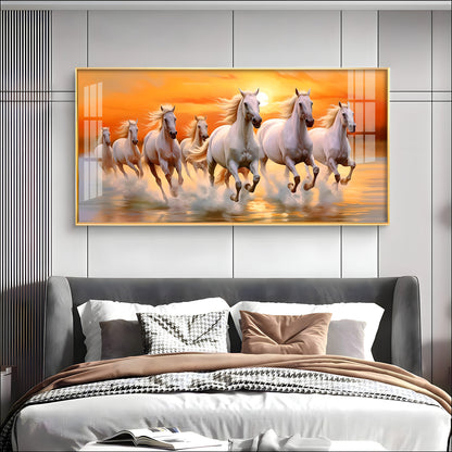 Seven White Running Horses With Sunrise Premium Acrylic Horizontal Wall Art