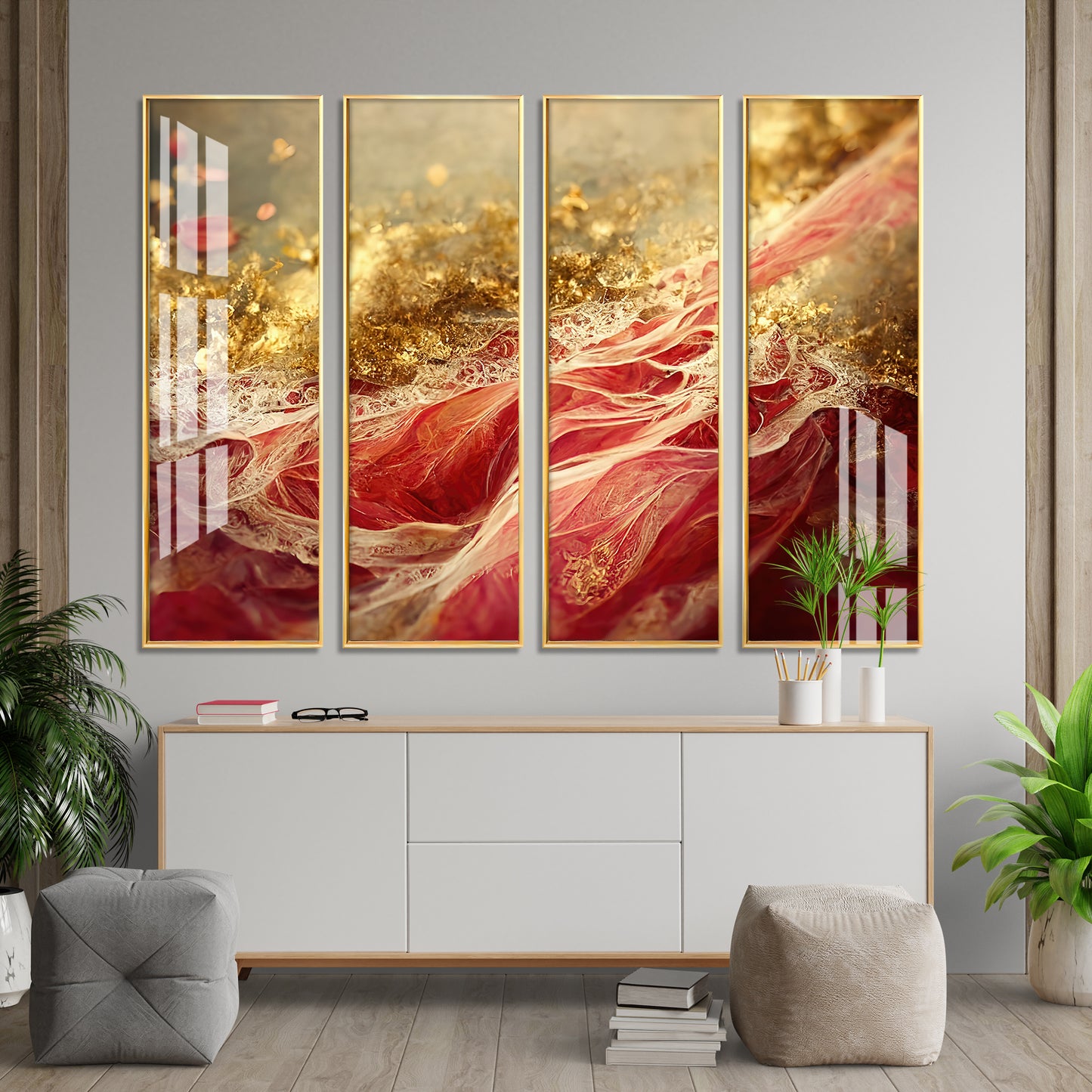 Passionate Red & Golden Premium Acrylic Vertical Wall Art (set of 4)