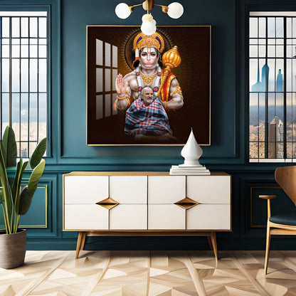Lord Hanuman Ji and Need Karoli Baba Premium Acrylic Square Wall Art
