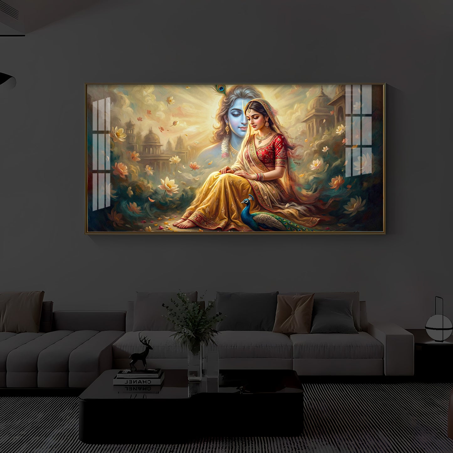 Loving Couple Radha Krishna Modern Luxury Backlight Horizontal Wall Art