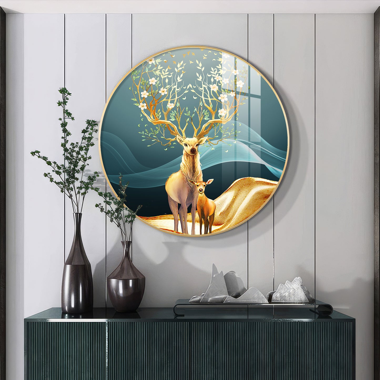 Deer in Bloom Premium Acrylic Round Wall Art