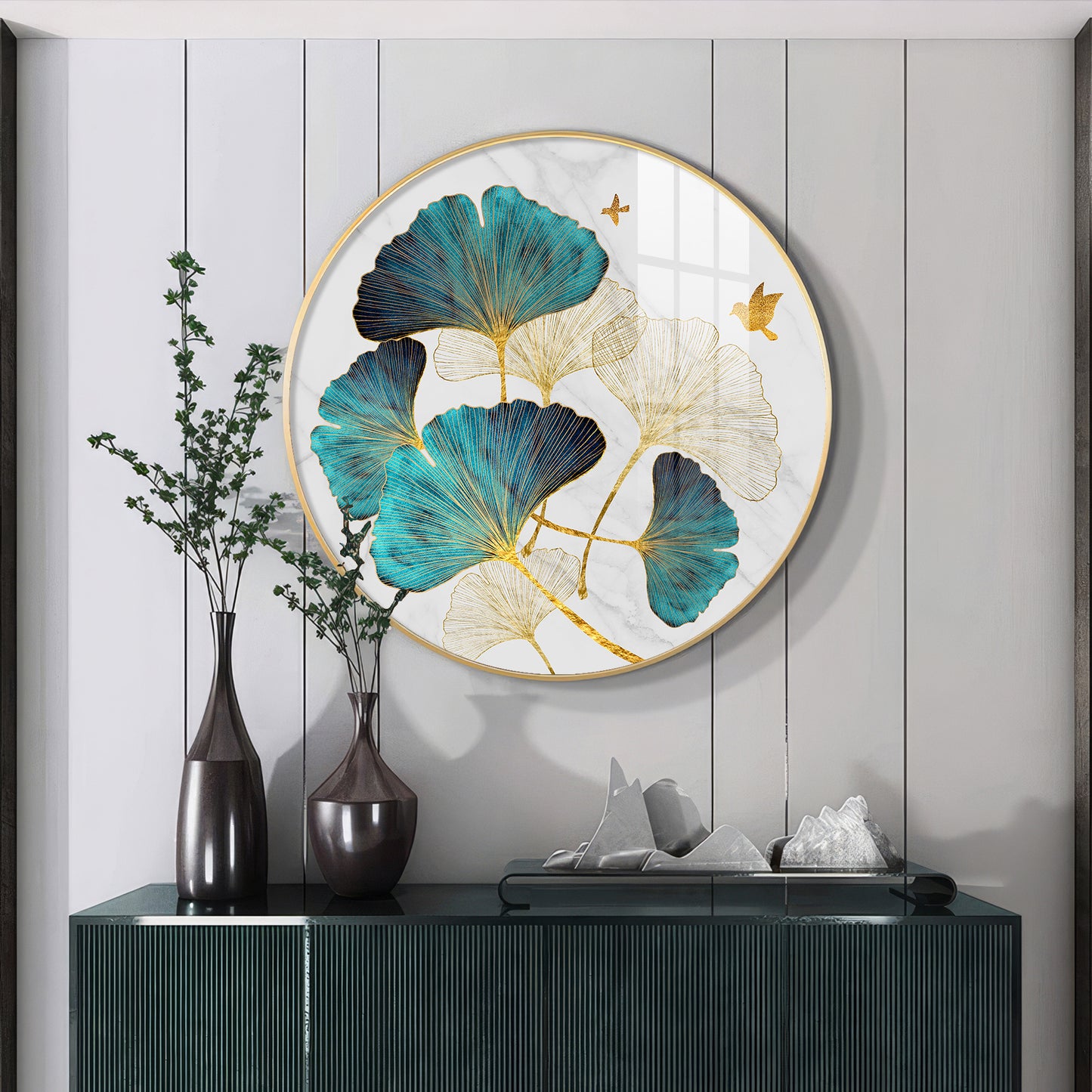 Blue Leaf Premium Acrylic Round Wall Art