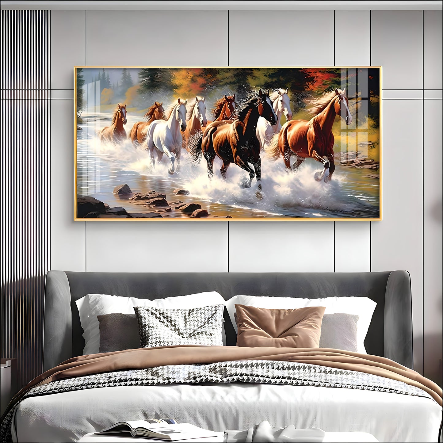 Running Horses in River Premium Acrylic Horizontal Wall Art