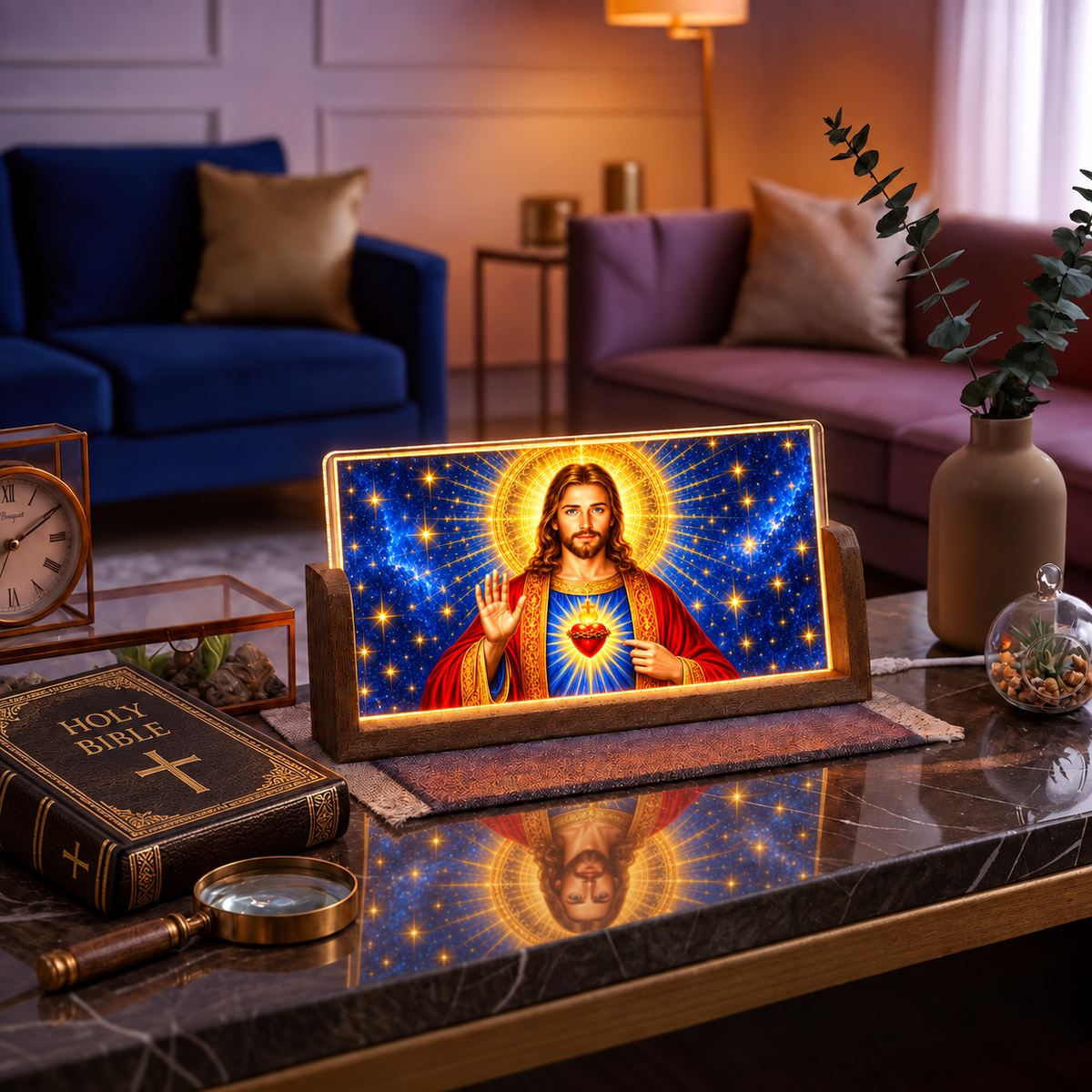 Holy Jesus Acrylic LED Table Lamp - Wooden Stand