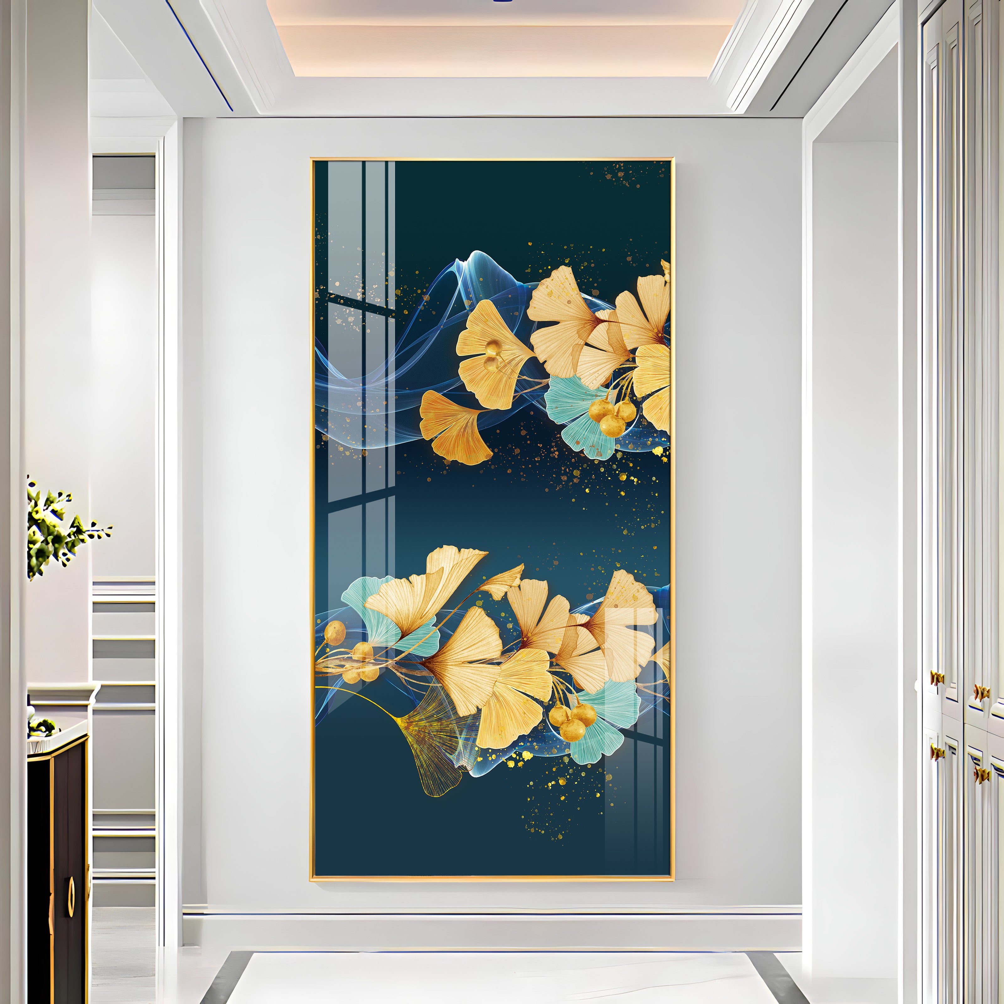 Golden Autumn Flowers Luxury Crystal Vertical Wall Art