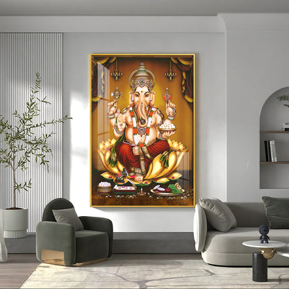 Lord Ganesha On Gold Lotus Premium Vertical Acrylic Wall Art