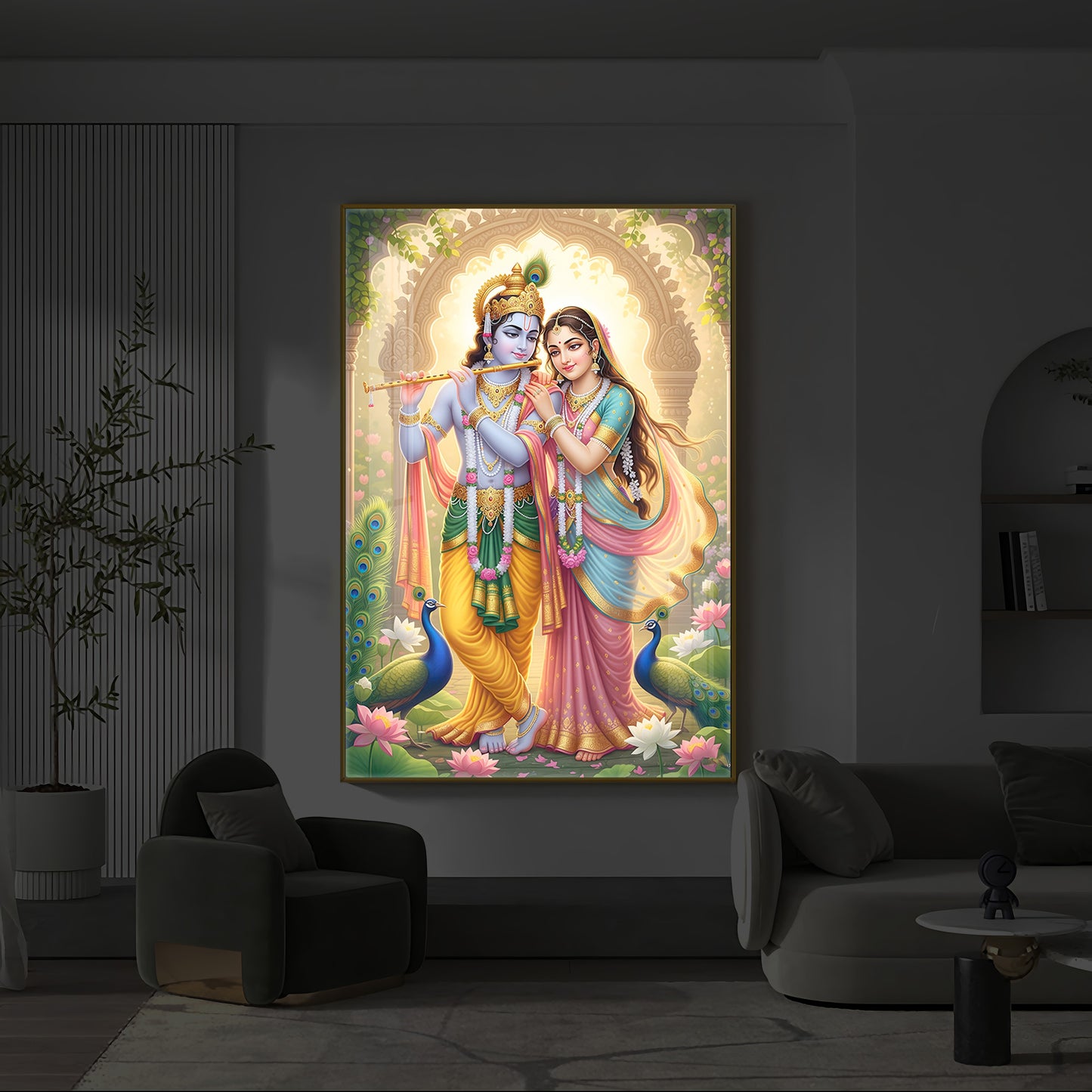 Loving Shri Radhe Krishna Modern Luxury Backlight Vertical Wall Art