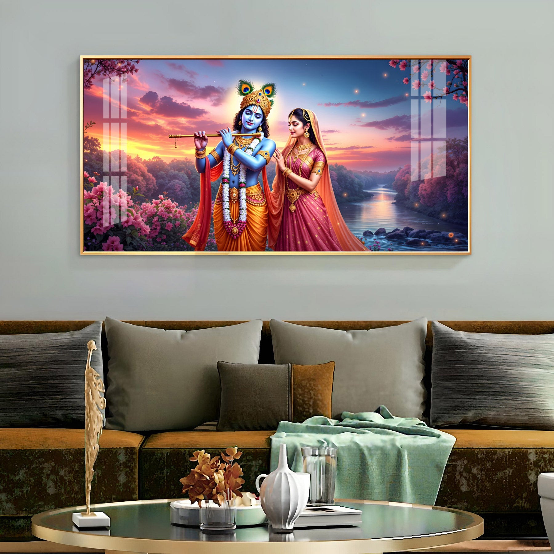 Mystic Grove of Krishna and Radha Premium Acrylic Horizontal Wall Art