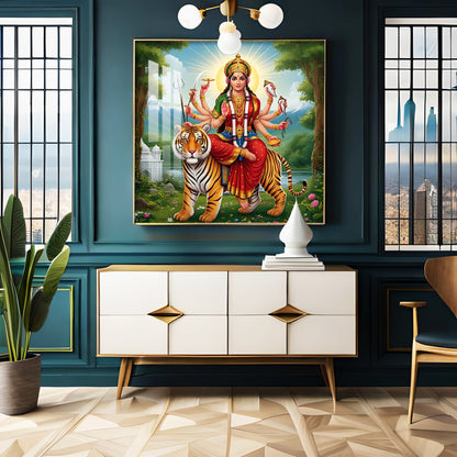 Hindu Goddess With Tiger Premium Acrylic Square Wall Art