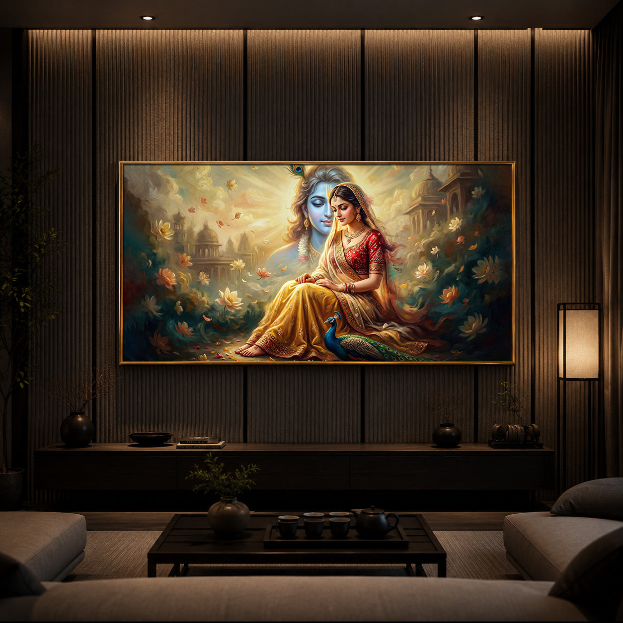 Loving Couple Radha Krishna Modern Luxury Backlight Horizontal Wall Art