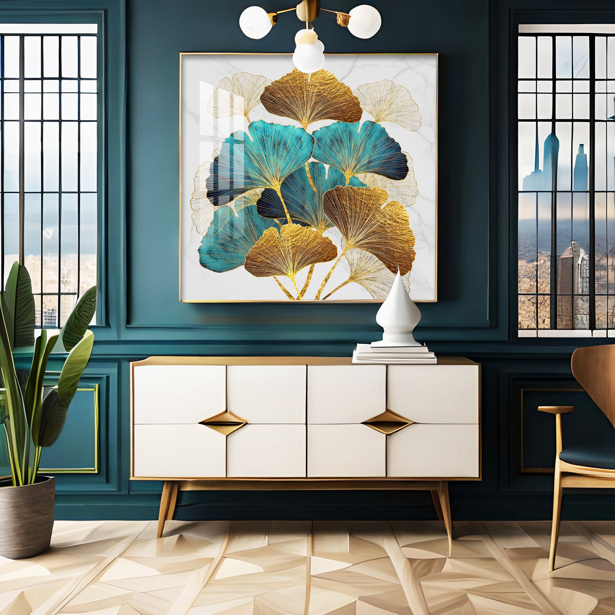 Golden Blue Ginkgo Leaf Premium Acrylic Square Wall Art