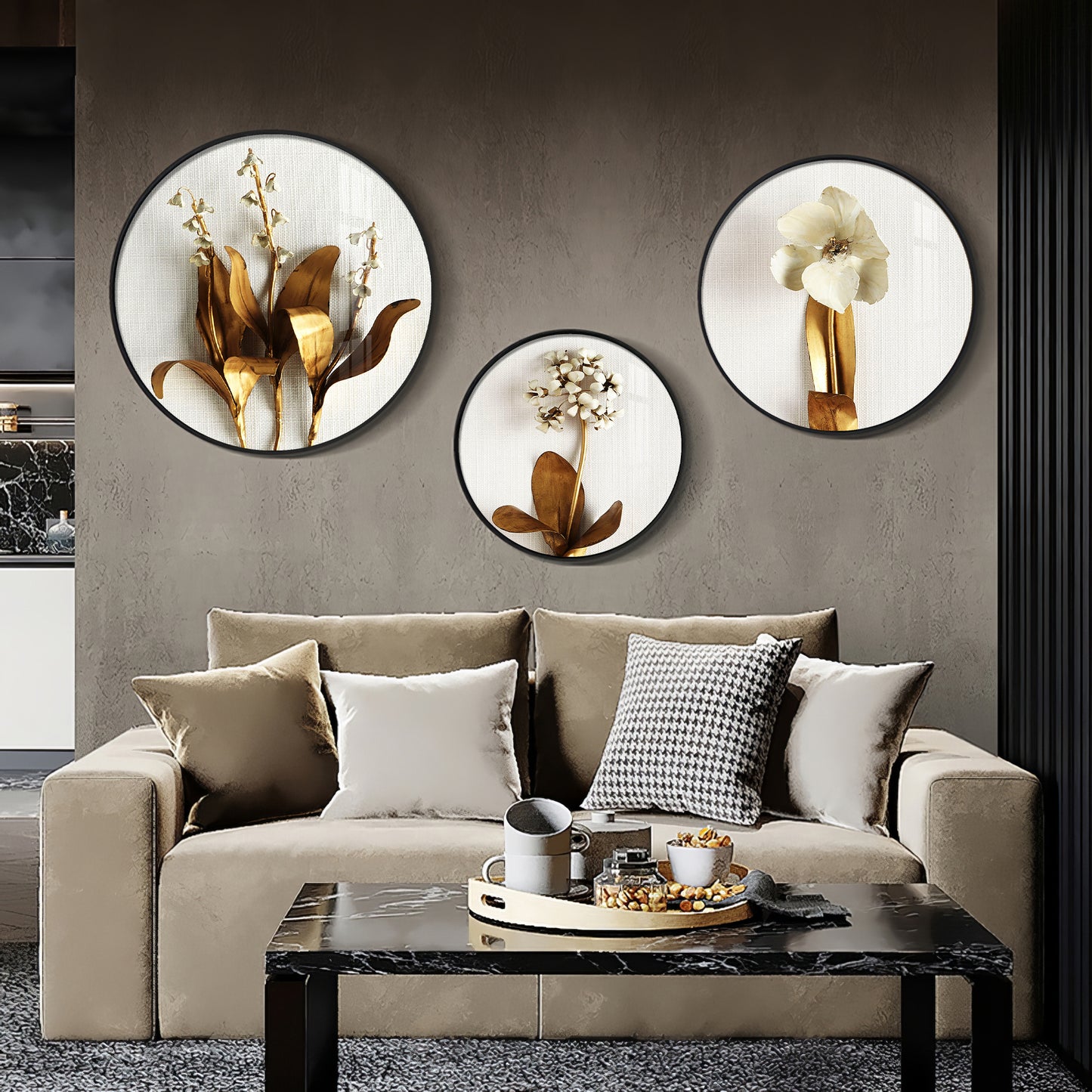Golden Petals Premium Acrylic Round Wall Art (Set of 3)