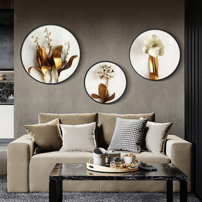 Golden Petals Premium Acrylic Round Wall Art (Set of 3)