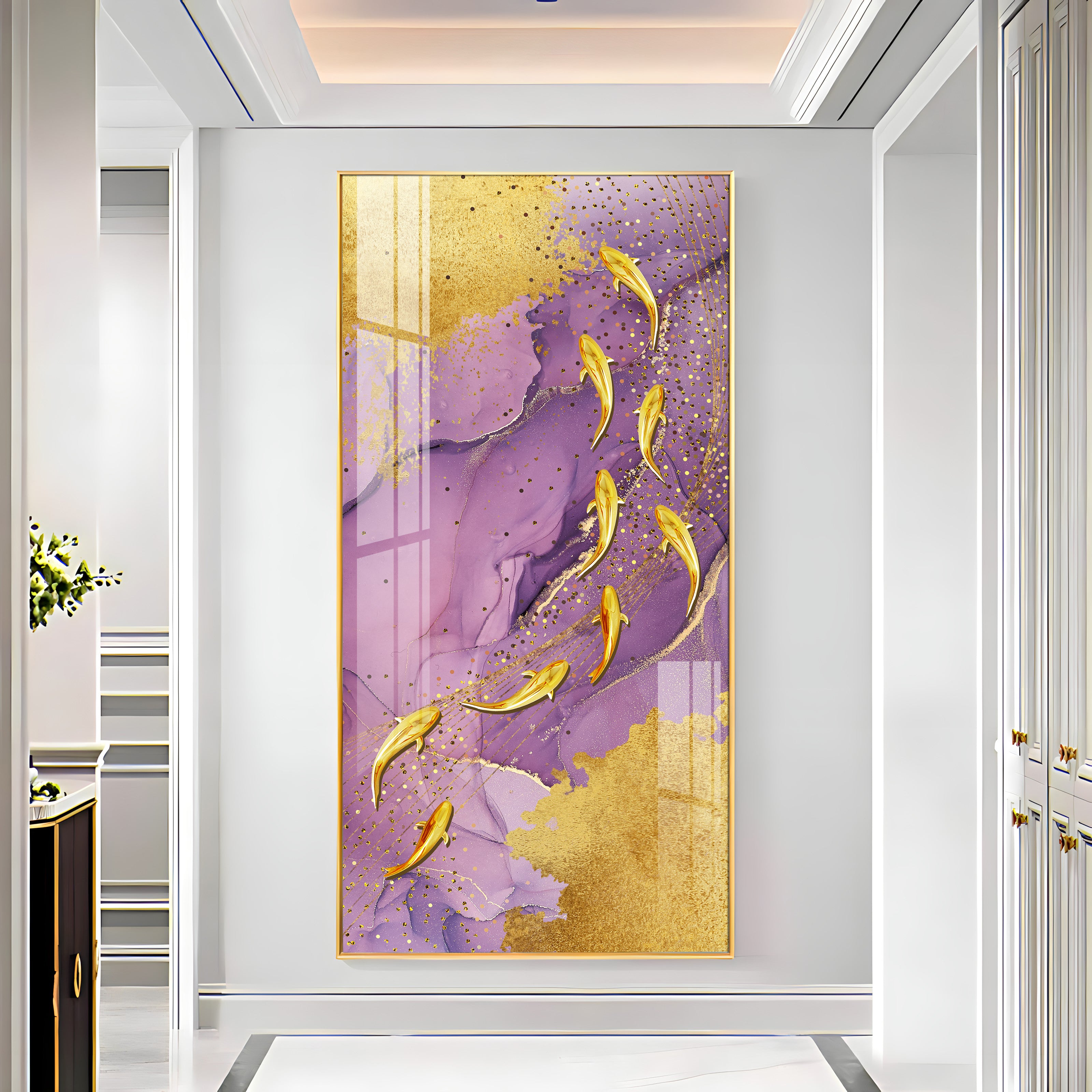 Purple Textured Golden Fish Premium Acrylic Vertical Wall Art