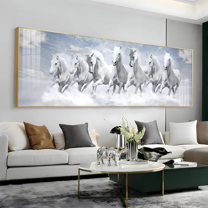 Seven Lucky Running White Horses Premium Acrylic Horizontal Wall Art