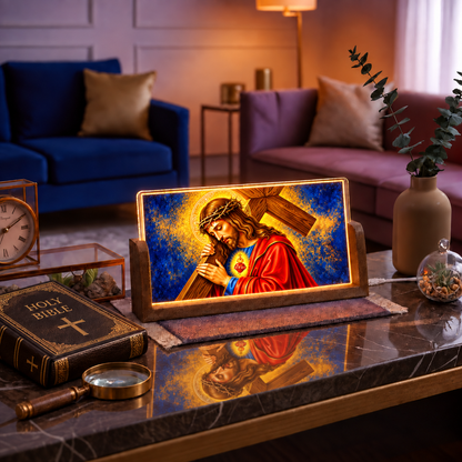 Jesus Carrying Cross Acrylic LED Table Lamp - Wooden Stand