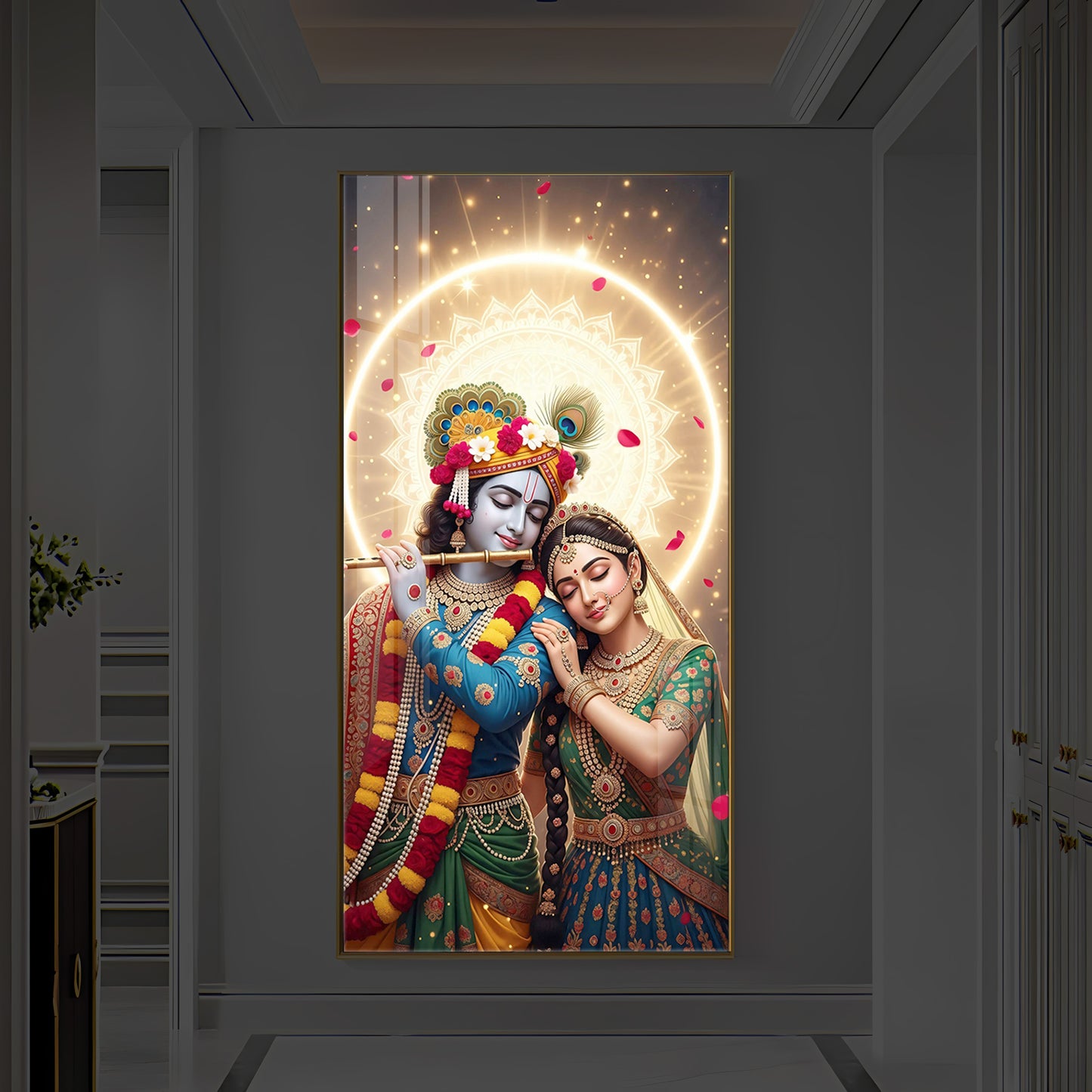 Couple Radhe Krishna Modern Luxury Backlight Vertical Wall Art