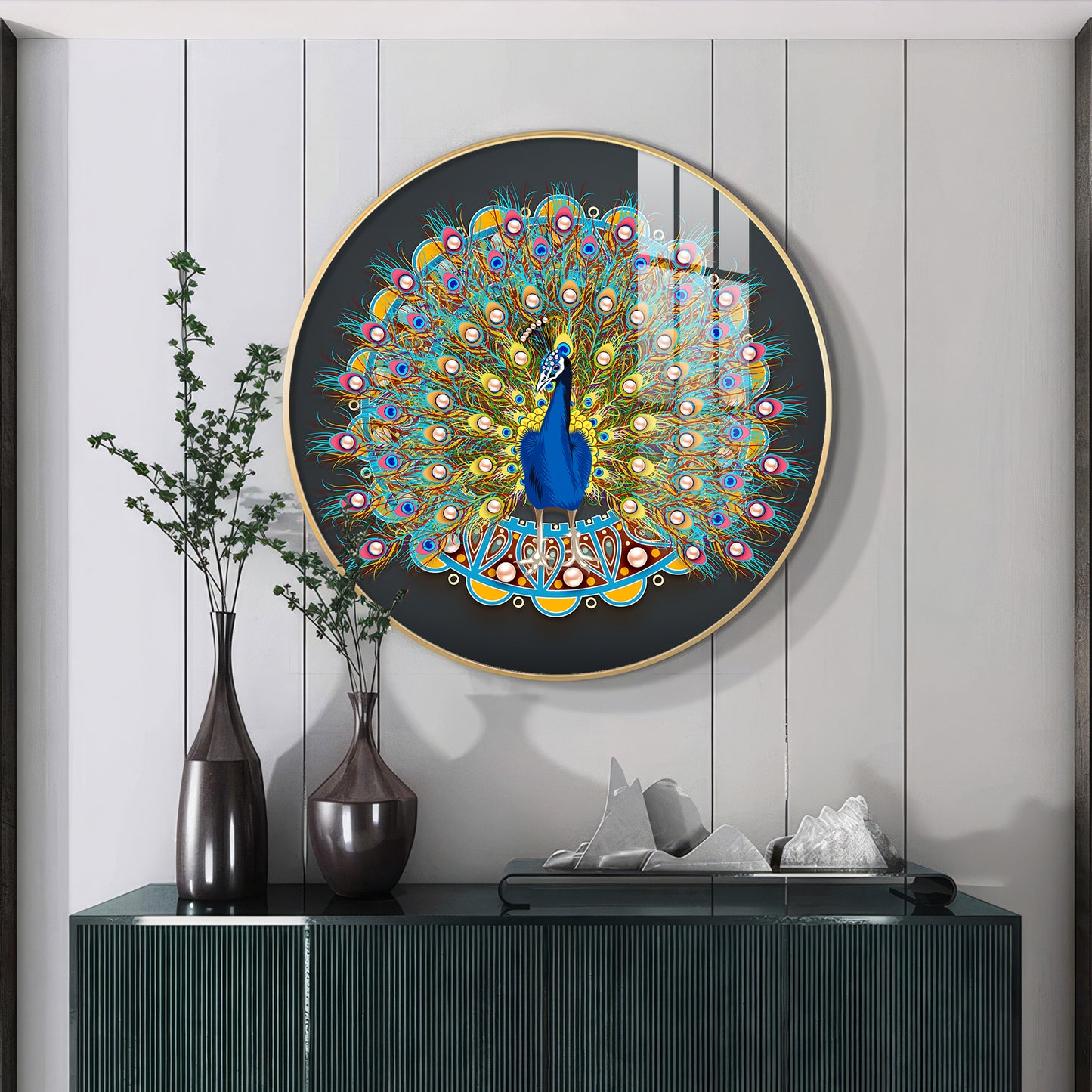Vibrant Peacock Premium Acrylic Round Wall Art