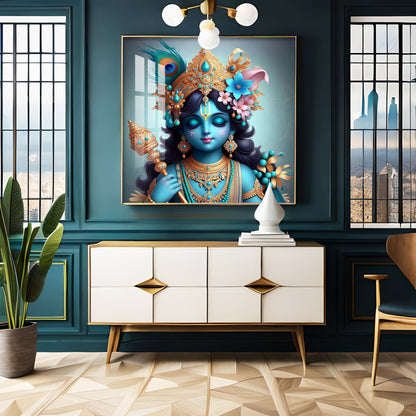 Beautiful Lord Krishna with Flute Premium Acrylic Square Wall Art