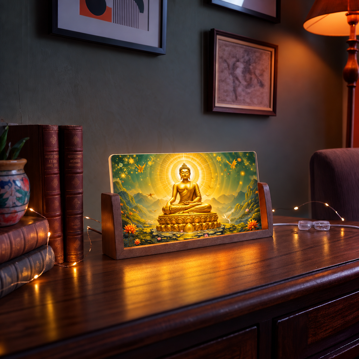 Meditating Buddha Acrylic LED Table Lamp - Wooden Stand