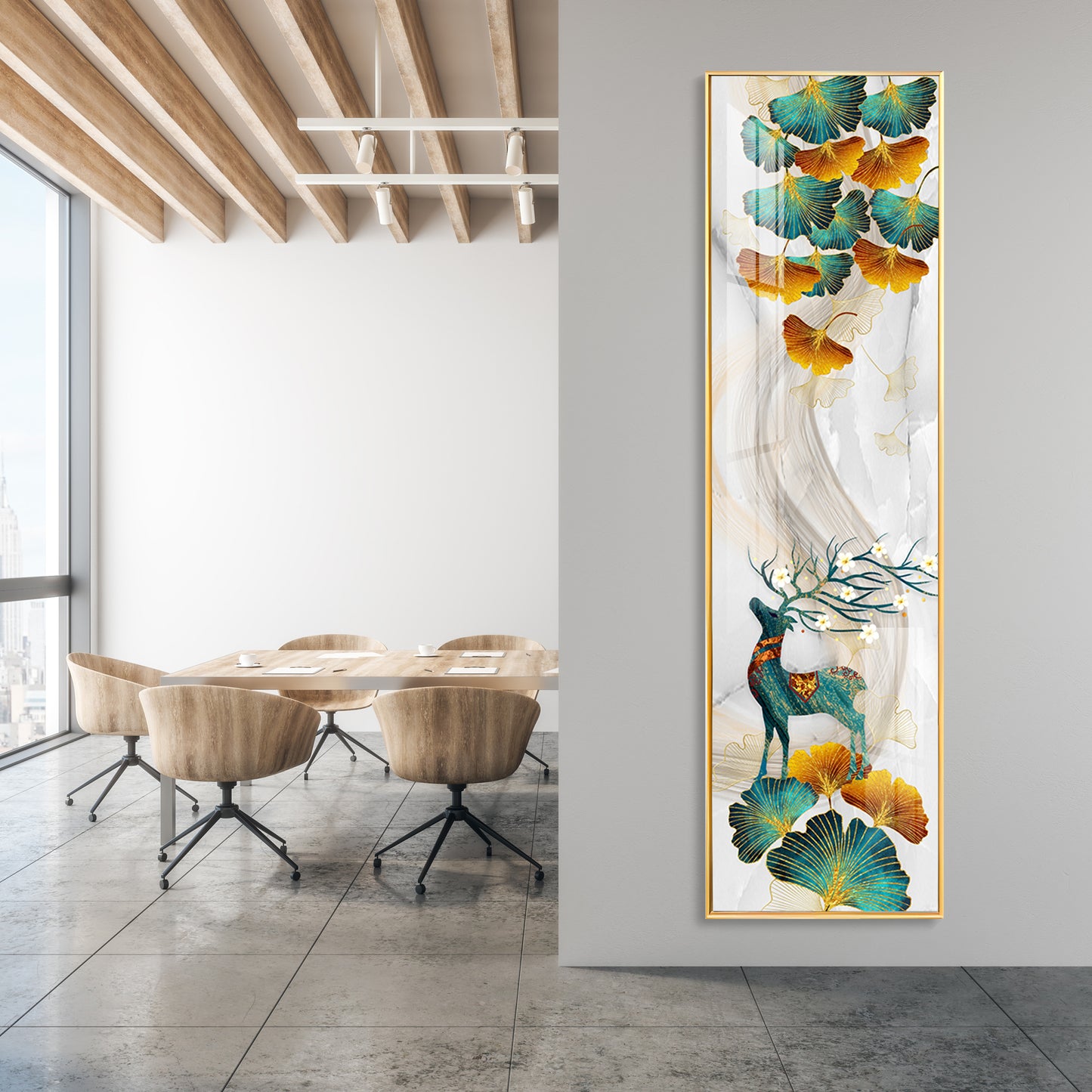 Deer On Golden Ginkgo Leaf Vertical Premium Acrylic Vertical Wall Art