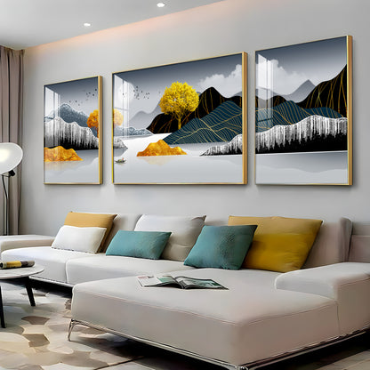 Mountains With Golden Tree Premium Acrylic Wall Art (Set of 3)