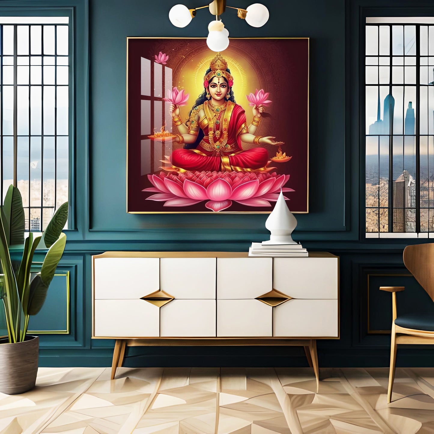 Laxmi Maa With Lotus Premium Acrylic Square Wall Art