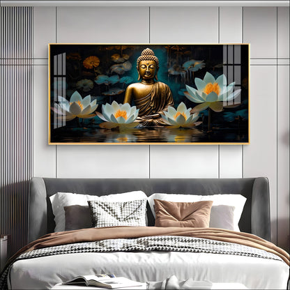 Buddha With White Lotus Premium Acrylic Horizontal Wall Art