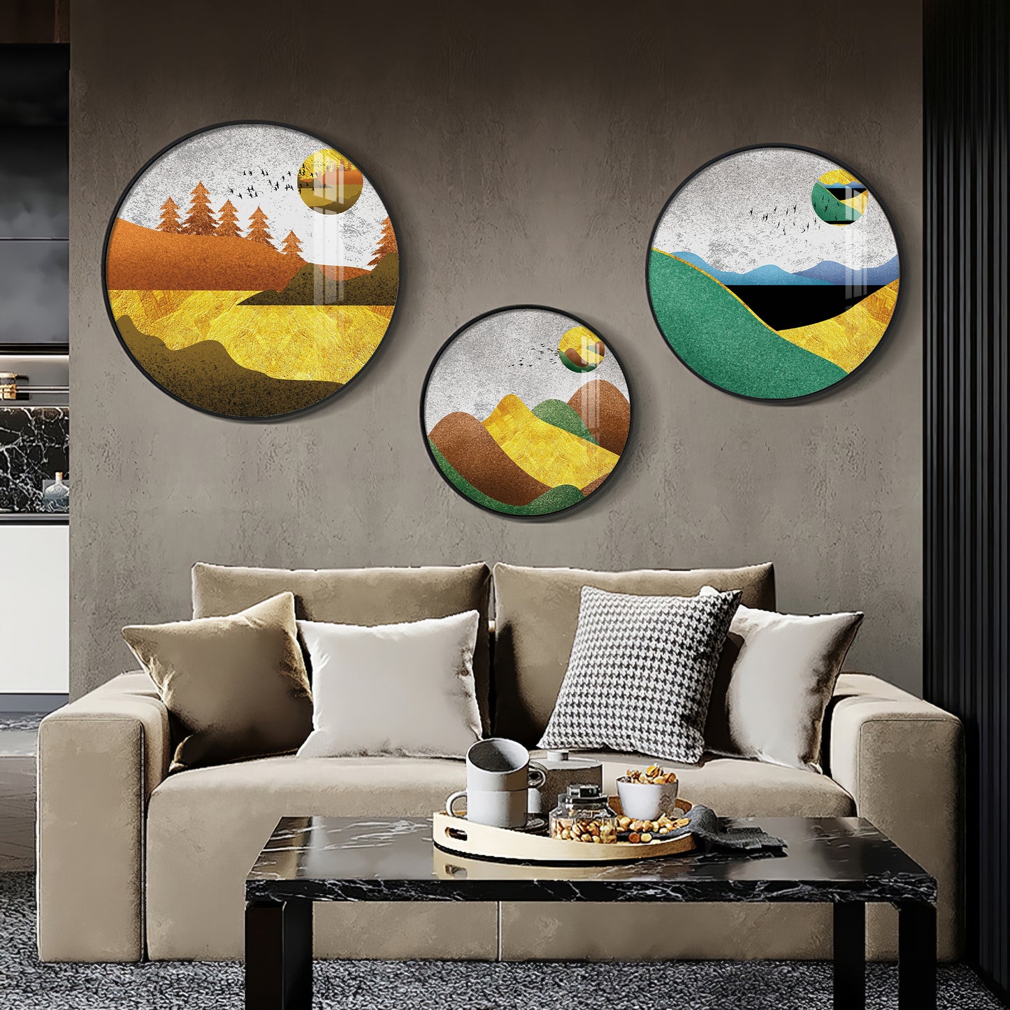 Mountain View Abstract Premium Acrylic Round Wall Art (Set of 3)