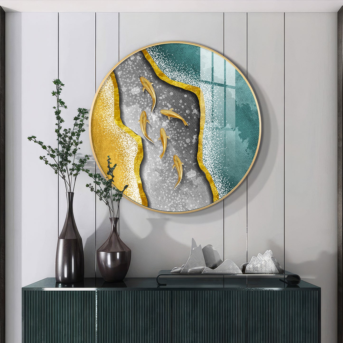 Koi Fish In Waves Premium Acrylic Round Wall Art