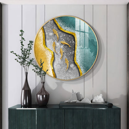 Koi Fish In Waves Premium Acrylic Round Wall Art