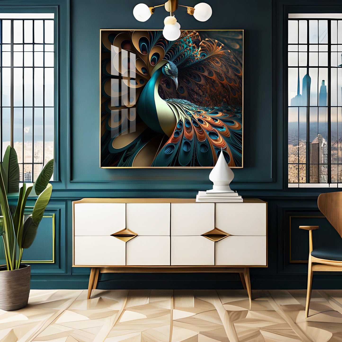 Peacock Is Shown With Large Feather Premium Acrylic Square Wall Art