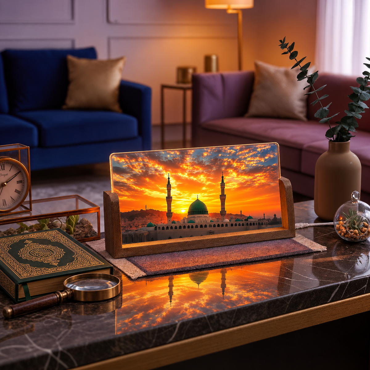 Holy Madina Sharif Acrylic LED Table Lamp - Wooden Stand