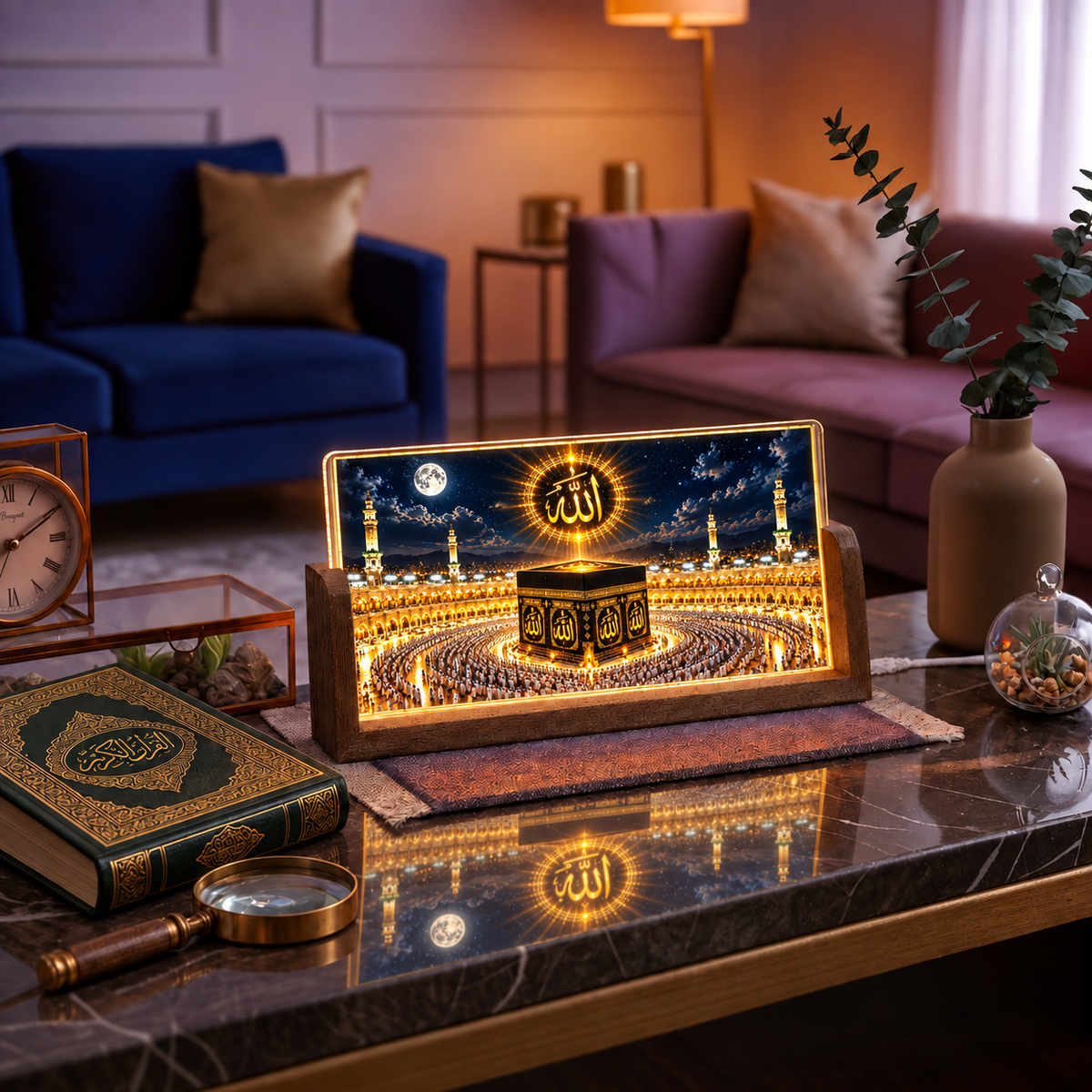 Glowing Allah & Kaaba Acrylic LED Table Lamp - Wooden Stand