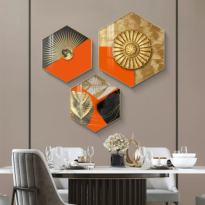 Gold & Orange Accents Premium Acrylic Hexagon Wall Art (Set of 3)