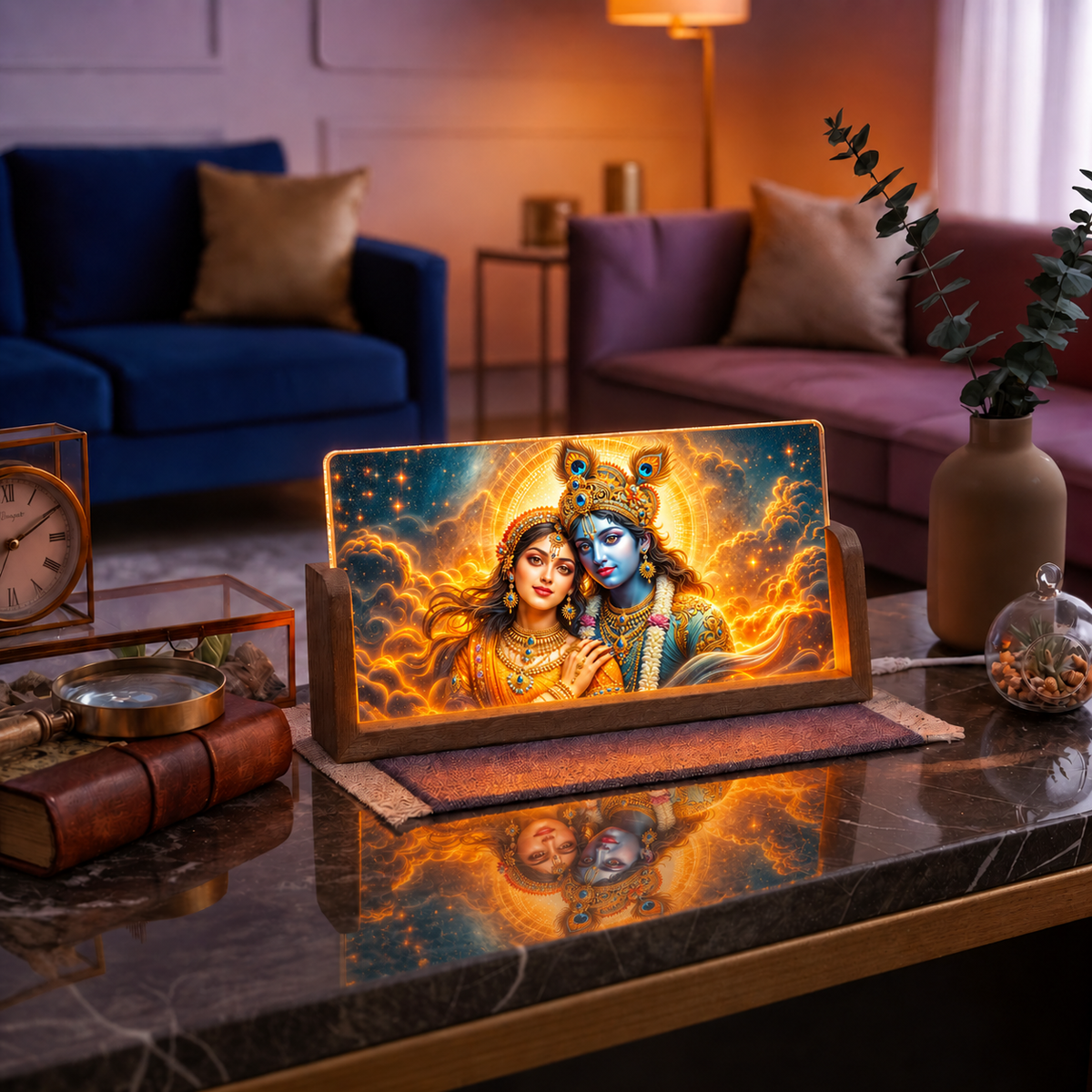 Divine Radha Krishna Acrylic LED Table Lamp - Wooden Stand