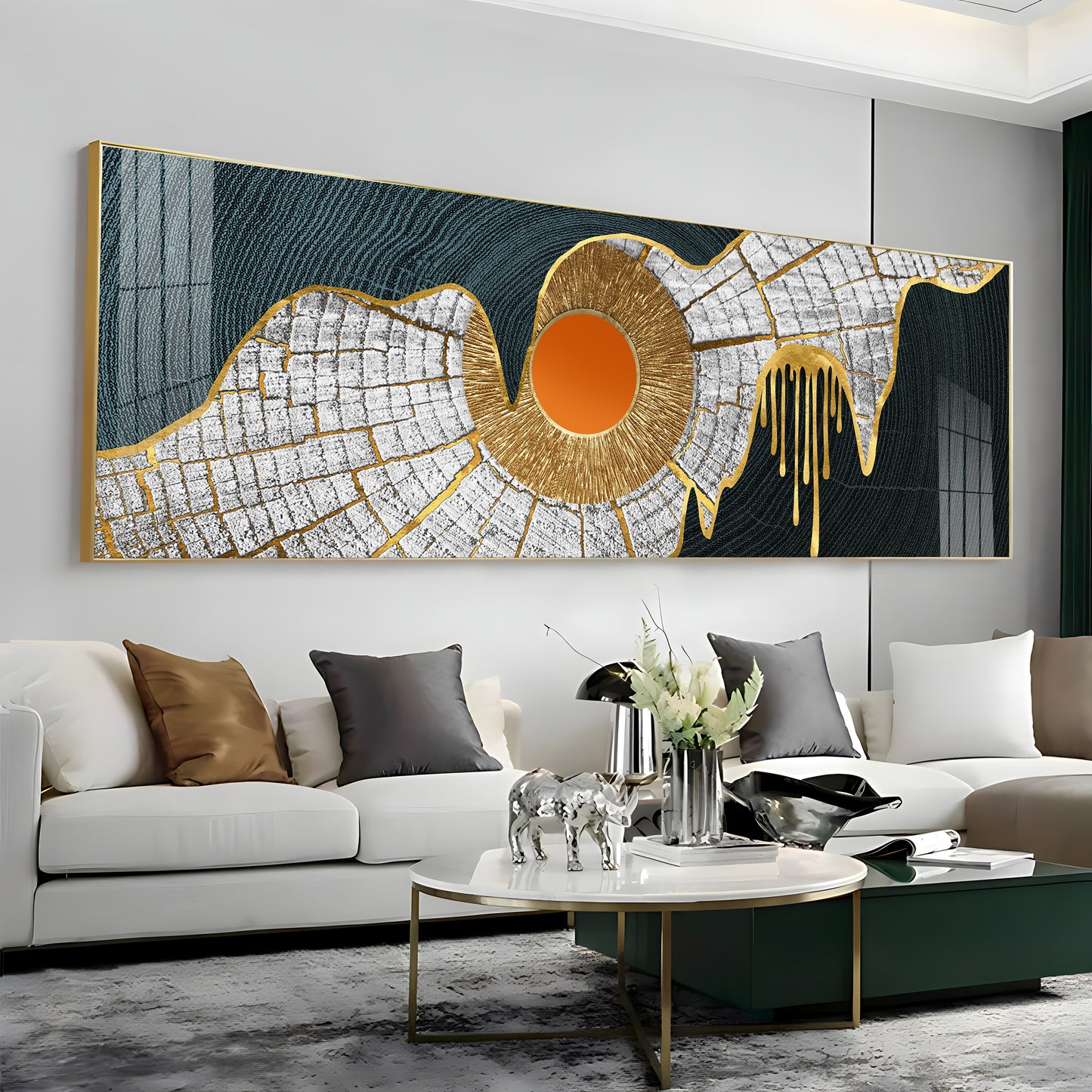 Golden Frill With Orange Circle Premium Acrylic Horizontal Wall Art