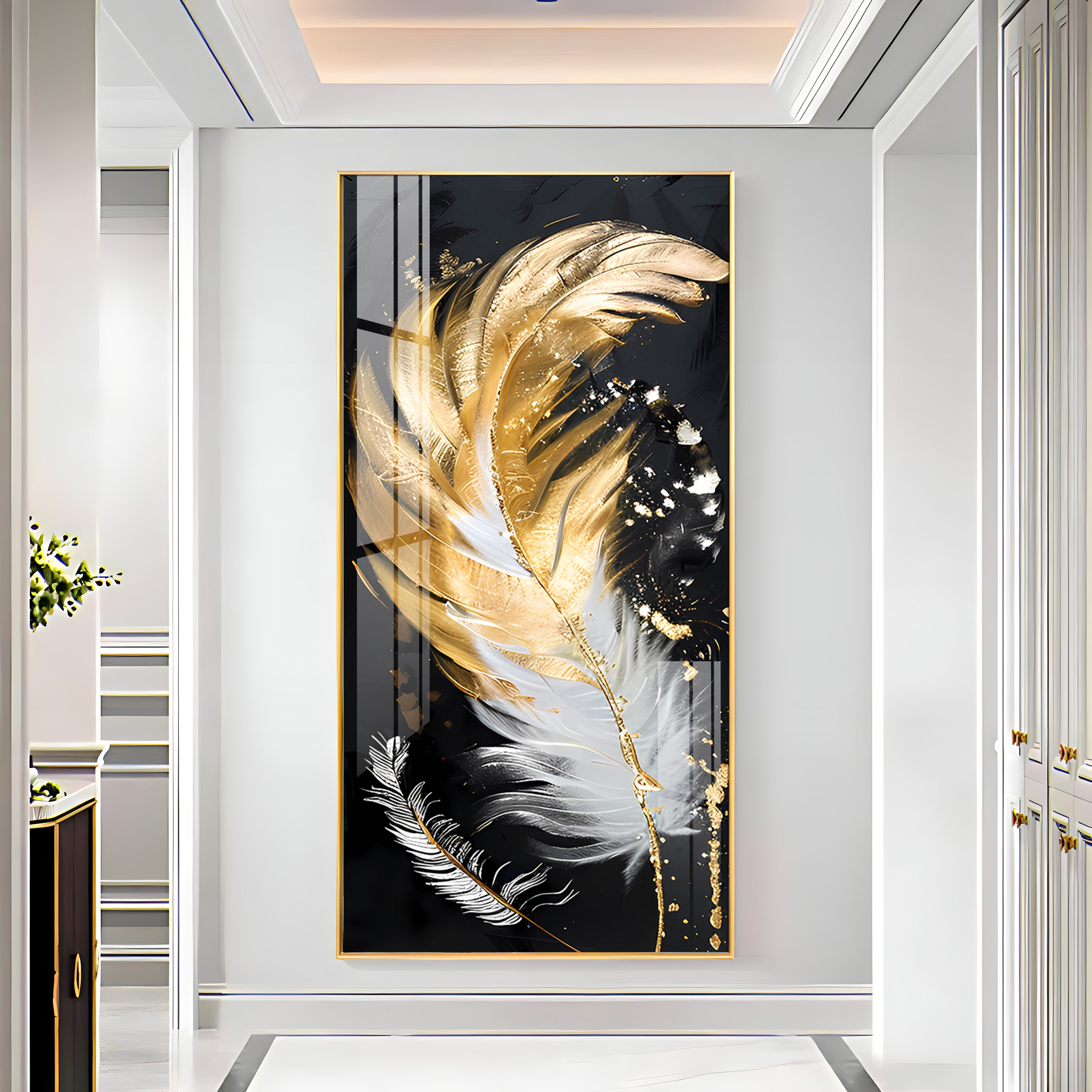 White & Golden Feather Luxury Crystal Vertical Wall Art