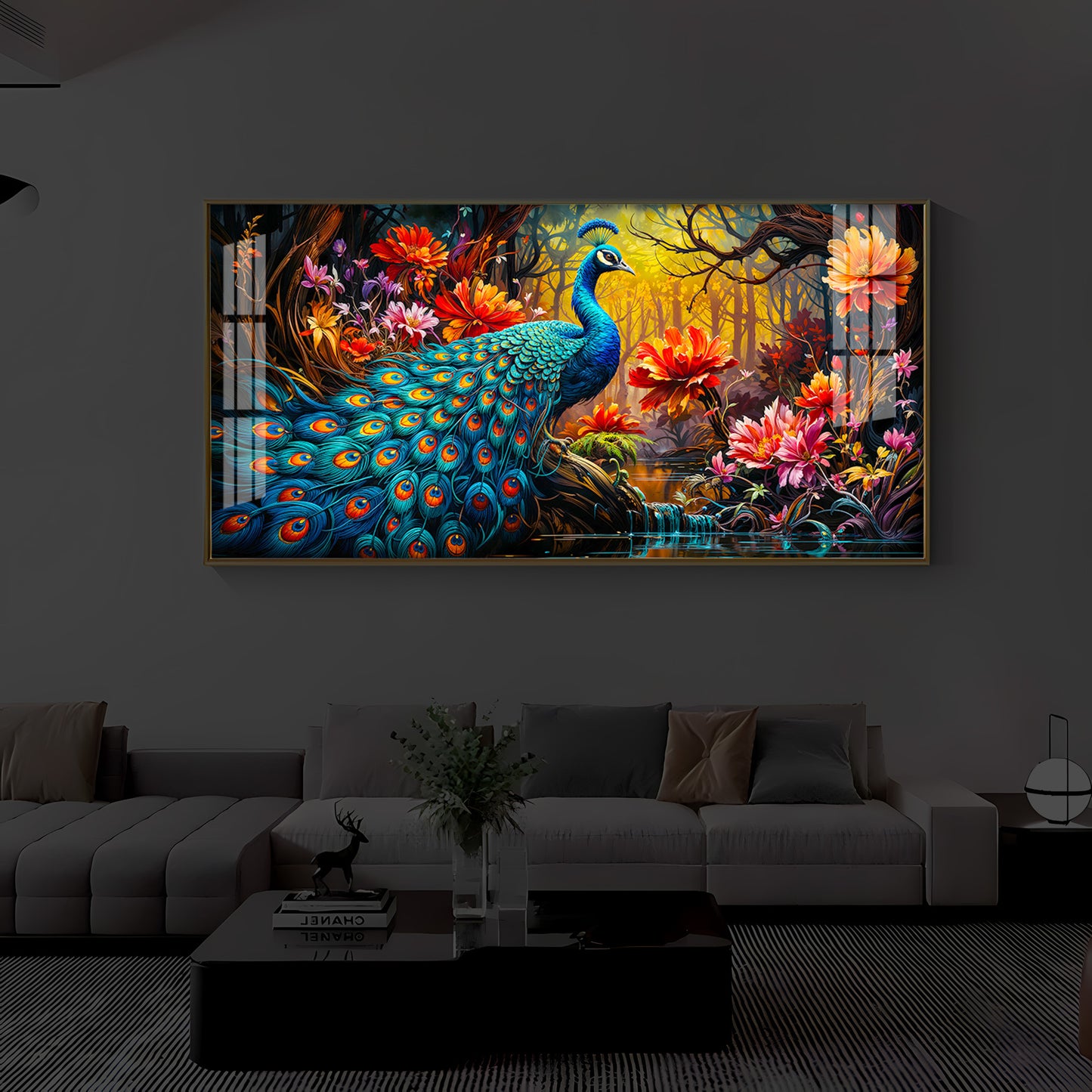 Beautiful Peacock Modern Luxury Backlight Horizontal Wall Art