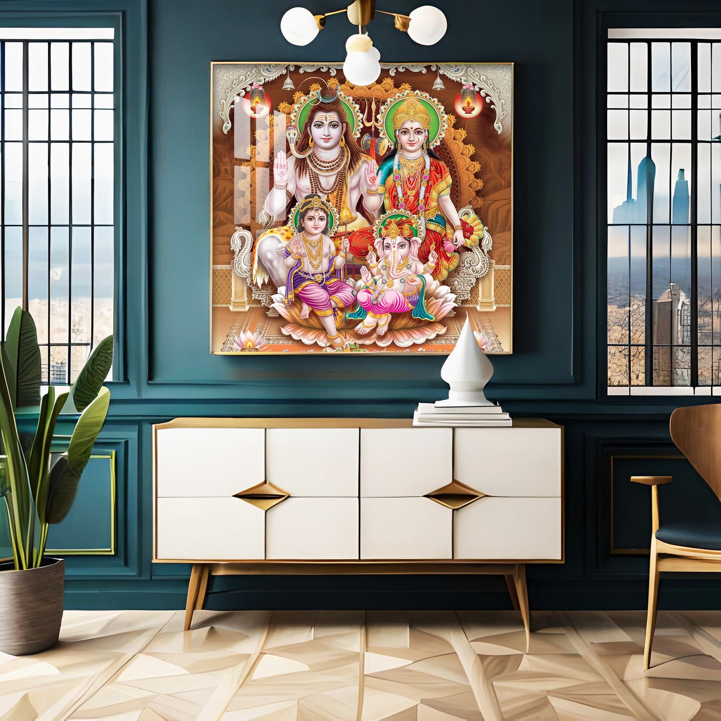 Shiv Parivar Premium Acrylic Square Wall Art - 24X24 inches / Gold