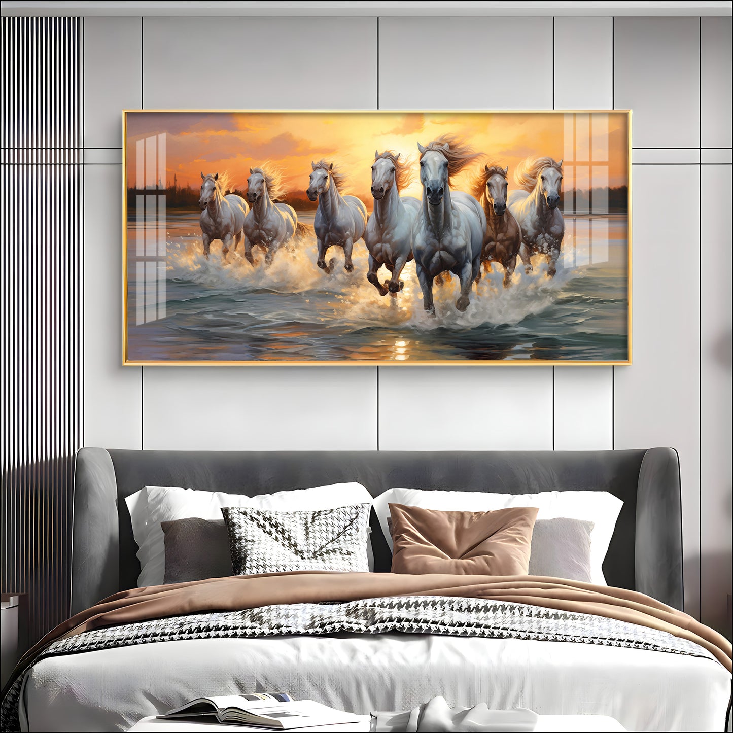 Vastu Seven Running Horses With Sunrise Premium Acrylic Horizontal Wall Art