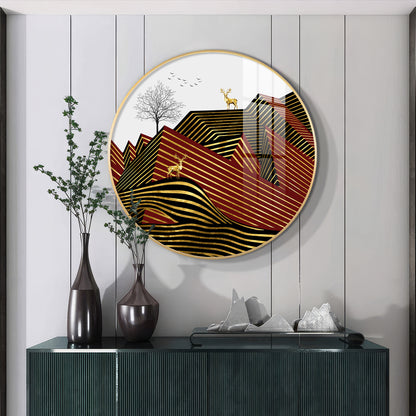 Deer and Mountain Premium Acrylic Round Wall Art