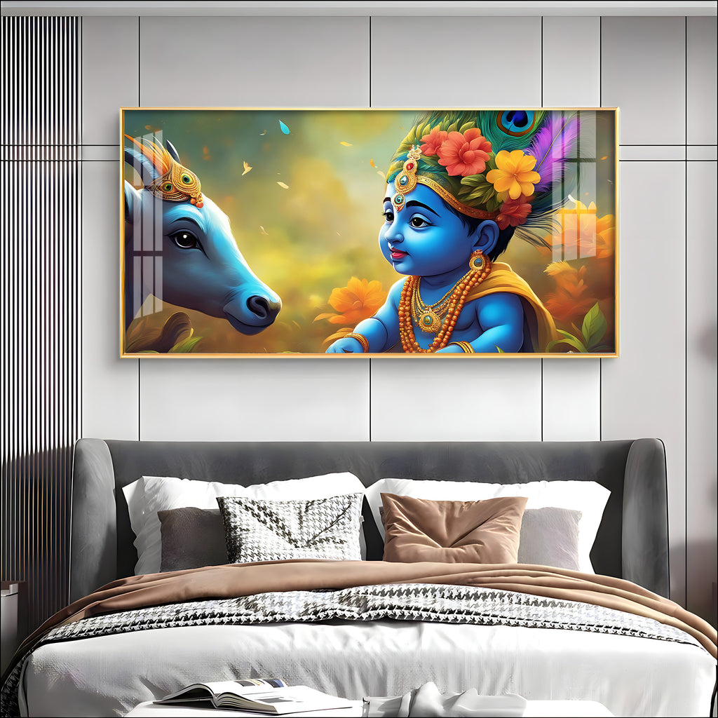 Little Lord Krishna & Cow Smiling Premium Acrylic Horizontal Wall Art