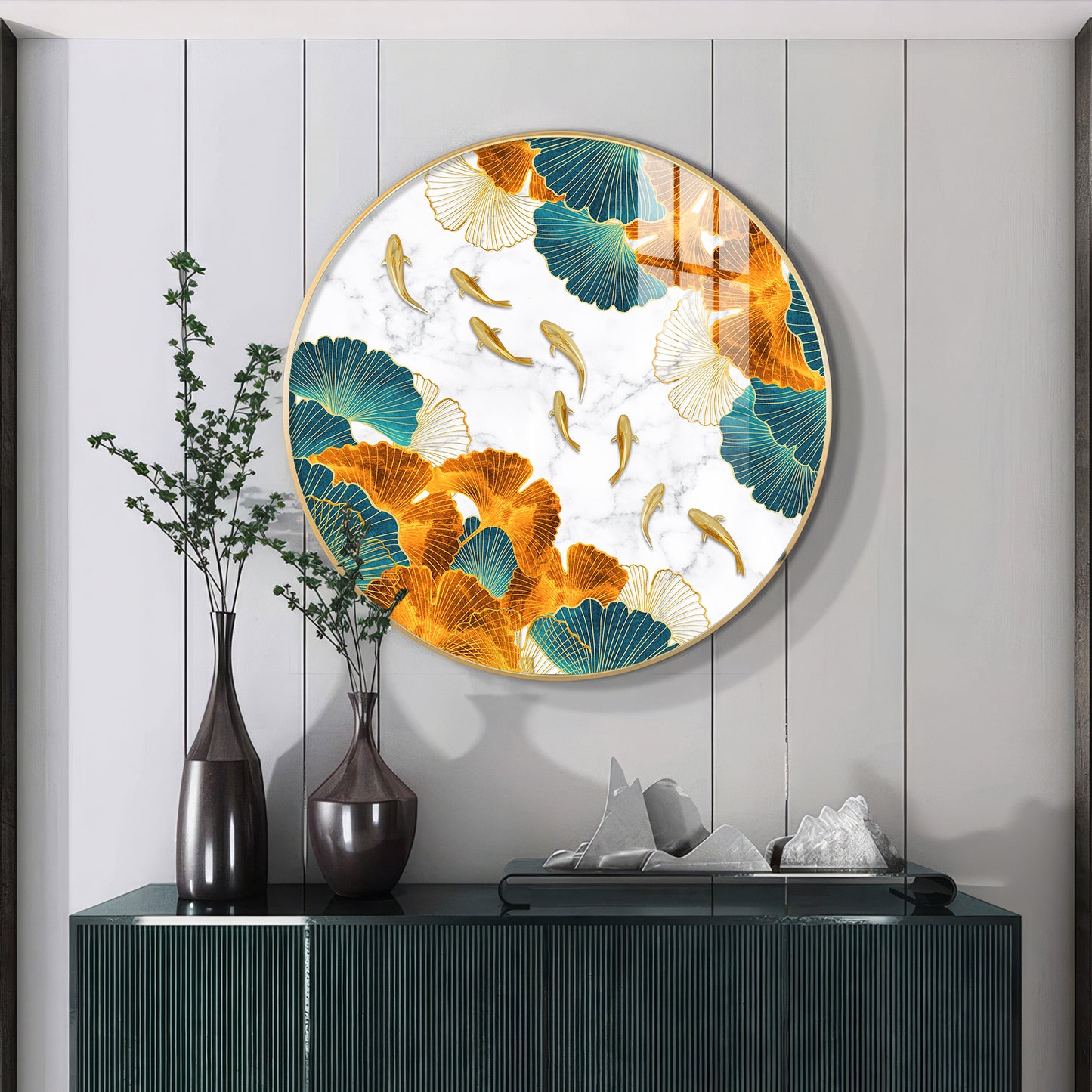Golden Leaf Premium Acrylic Round Wall Art