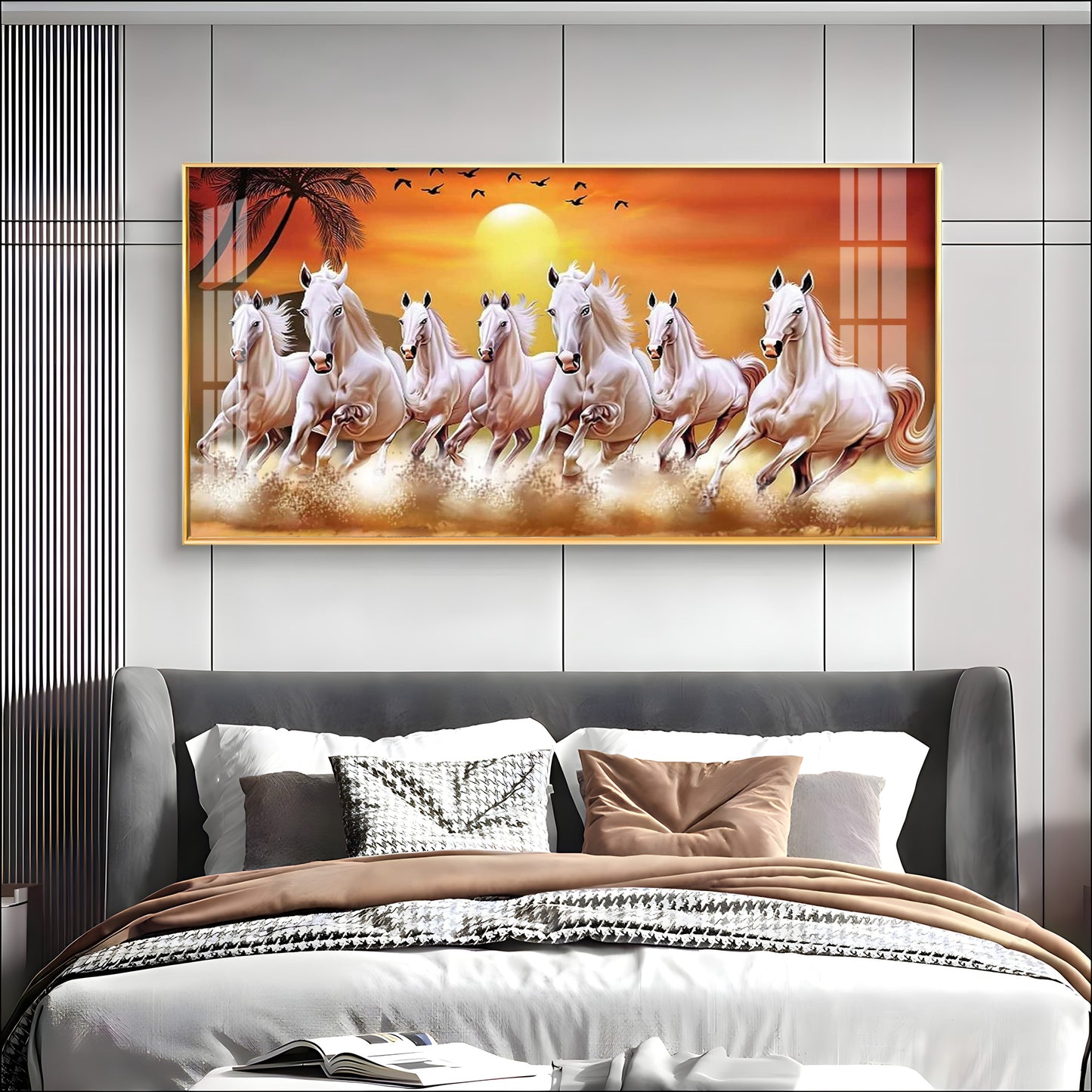 7 White Running Horses in The Sea With Sunrise Premium Acrylic Horizontal Wall Art