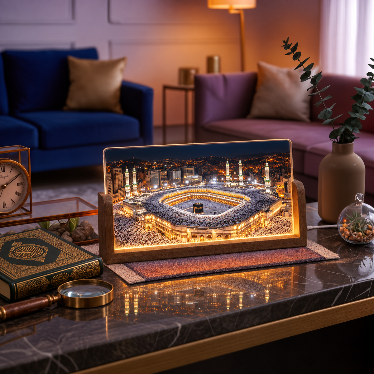 Holy Kaaba Acrylic LED Table Lamp - Wooden Stand